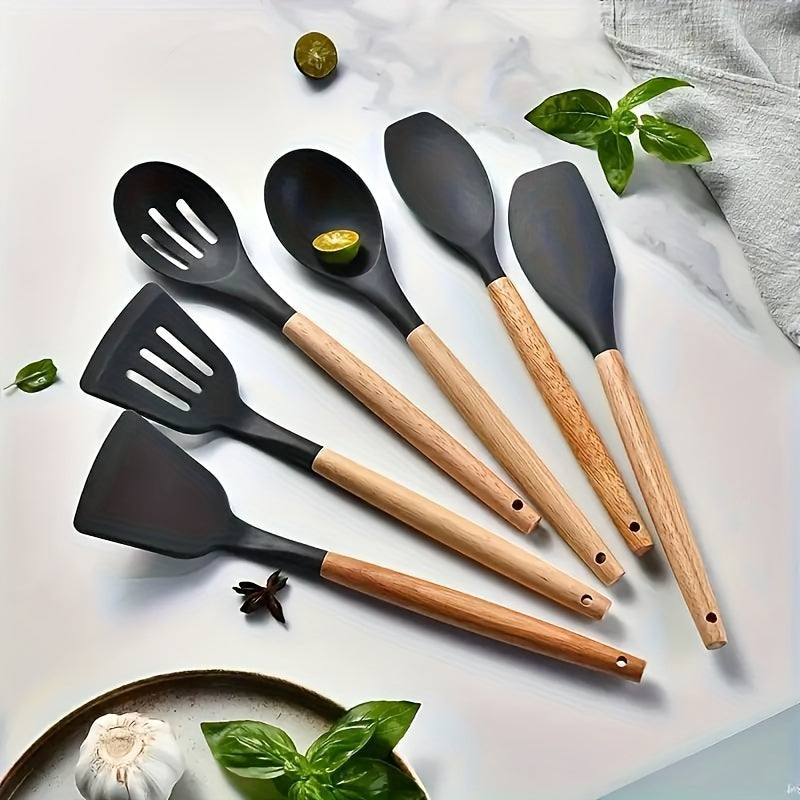 Silicone Kitchen Utensil Set with Wooden Handles - 6/12-Piece