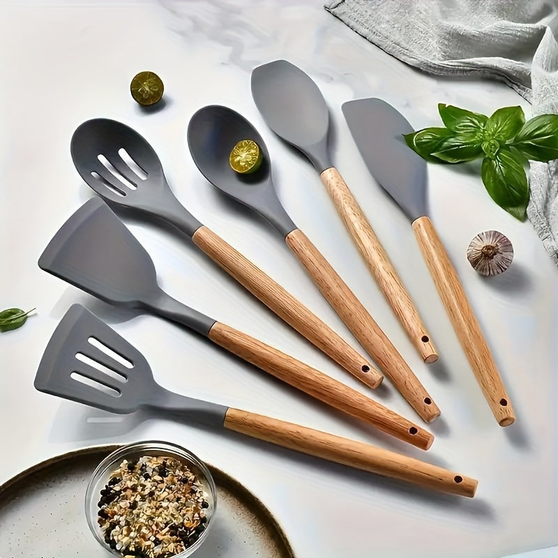 Silicone Kitchen Utensil Set with Wooden Handles - 6/12-Piece