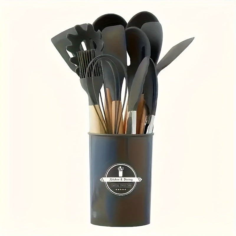 Silicone Kitchen Utensil Set with Wooden Handles - 6/12-Piece