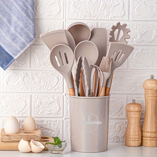 Silicone Kitchen Utensil Set with Wooden Handles - 6/12-Piece